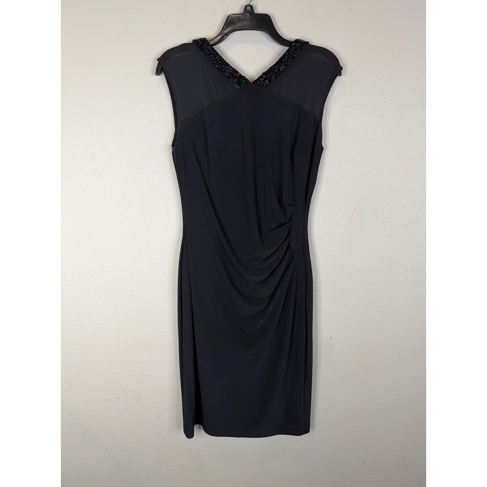 Lauren Ralph Lauren Black Beaded V-Neck Ruched Sheath Dress VTG 10 Mesh Accent
